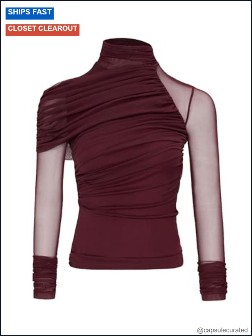 Sheer Ruched Turtleneck Top Polyester Spandex Stretchable